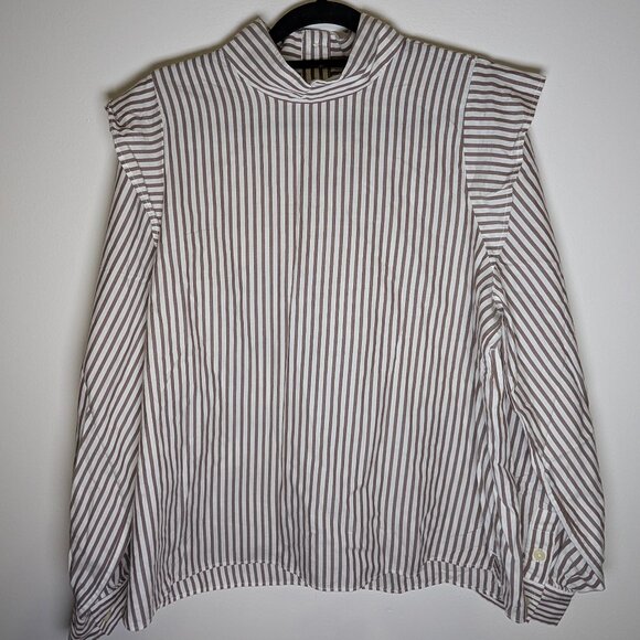 Everlane Shirt Women 8 NWT Brown And White The Wing Shoulder Mockneck Silky - Picture 2 of 5